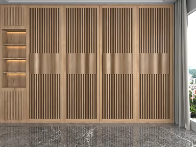 Modern Wooden Display Shelves With Vertical Slatted Design For Interior Decoration 3d model