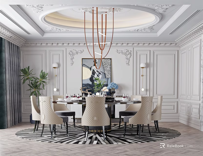 Elegant Restaurant Interior With Decorative Ceiling Chandelier Ornate Walls Dining Table And Chairs 3d model 