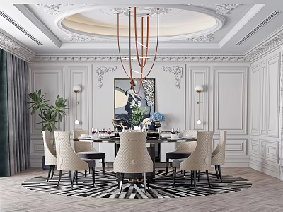 Elegant Restaurant Interior With Decorative Ceiling Chandelier Ornate Walls Dining Table And Chairs 3d model