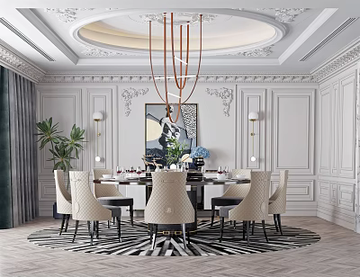 Elegant Restaurant Interior With Decorative Ceiling Chandelier Ornate Walls Dining Table And Chairs 3d model