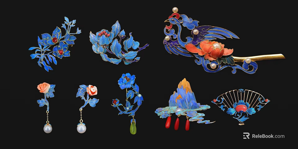 Exquisite Traditional Chinese Jewelry With Enamel Floral Motifs Pearls And Phoenix Accents 3d model 