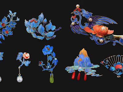 Exquisite Traditional Chinese Jewelry With Enamel Floral Motifs Pearls And Phoenix Accents 3d model