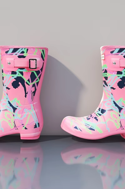 Two Pink Flush Doors With Colorful Patterns And Reflection On Gray Surface 3d model