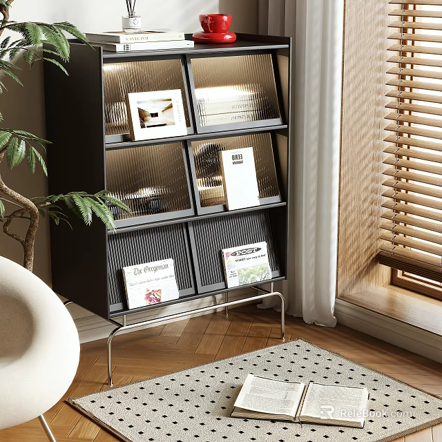 Modern Black Shelving Unit With Metal Frame Multiple Compartments Magazines Books And Decorative Items 3d model 