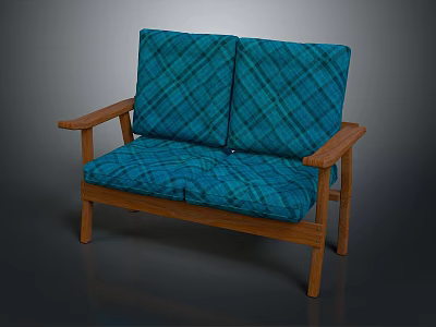 Two Seater Sofa with Wooden Frame and Blue Plaid Fabric Armrests and Cushions 3d model