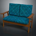 Two Seater Sofa with Wooden Frame and Blue Plaid Fabric Armrests and Cushions