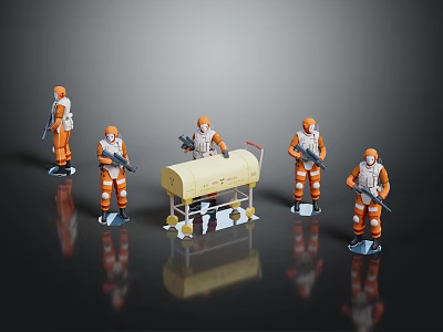 Military Personnel in Orange Uniforms with Wheeled Stretcher and Weapons Group Arrangement 3d model