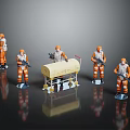 Military Personnel in Orange Uniforms with Wheeled Stretcher and Weapons Group Arrangement