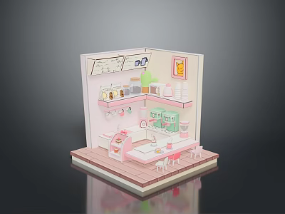 Miniature Pink And White Shop Model With Shelves Tables And Chairs Decor 3d model
