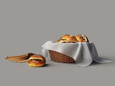 Fresh Baked Bread In Wicker Basket With White Cloth Single Loaf And Brown Paper Bag 3d model