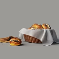 Fresh Baked Bread In Wicker Basket With White Cloth Single Loaf And Brown Paper Bag