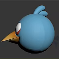 3D Blue Cartoon Bird Character With Big Eyes Red Eye Circles And Yellow Beak