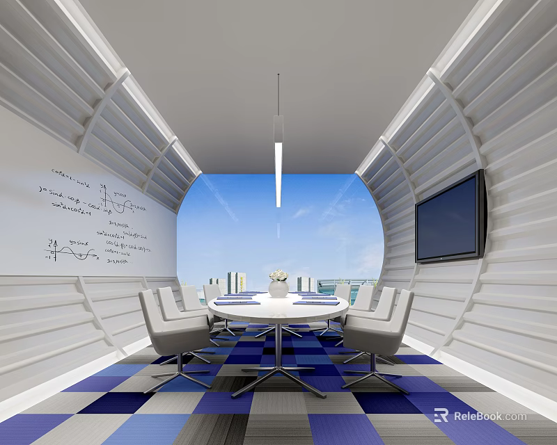 Modern Meeting Room With Whiteboard Mathematical Equations Large Window City Skyline Round Table White Chairs 3d model 