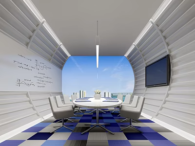 Modern Meeting Room With Whiteboard Mathematical Equations Large Window City Skyline Round Table White Chairs 3d model