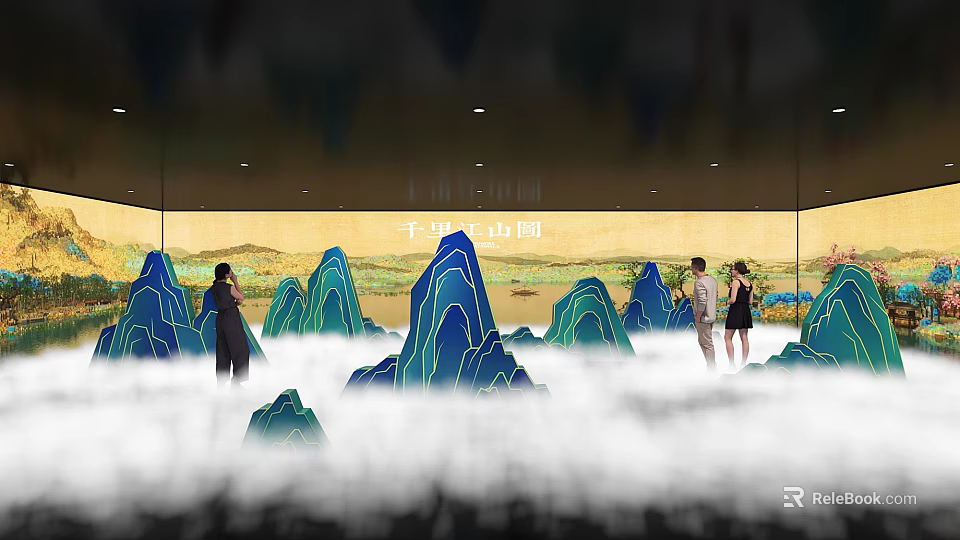 Thousand Miles of Rivers and Mountains Art Installation with Blue Green Peaks Clouds and Visitors 3d model 