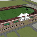 Football Field Design Featuring Green Pitch Red Running Track White Tent Stand And Seating Areas