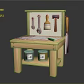 Wooden Workbench Setup With Tools Paint Cans Paper And Green Pencil