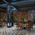 Modern Industrial Restaurant With Geometric Tile Floor Wooden Wall Decor Green Plants And Orange Chairs