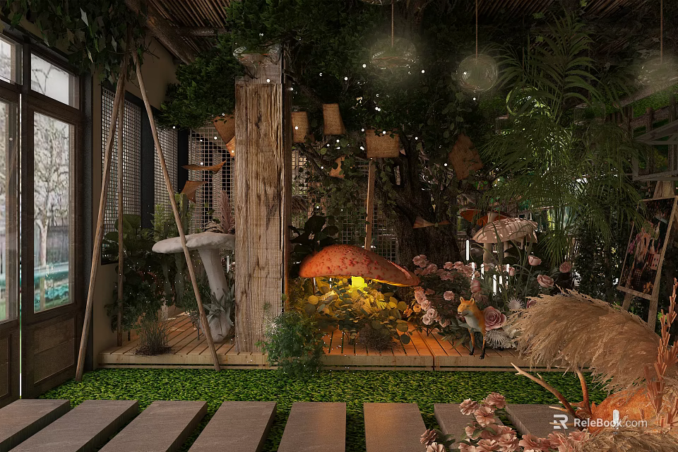 Natural Style Restaurant Interior With Green Plants Mushroom Decorations And Wooden Structure 3d model 