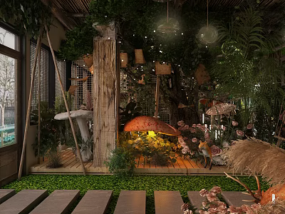 Natural Style Restaurant Interior With Green Plants Mushroom Decorations And Wooden Structure 3d model