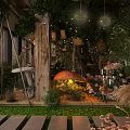 Natural Style Restaurant Interior With Green Plants Mushroom Decorations And Wooden Structure