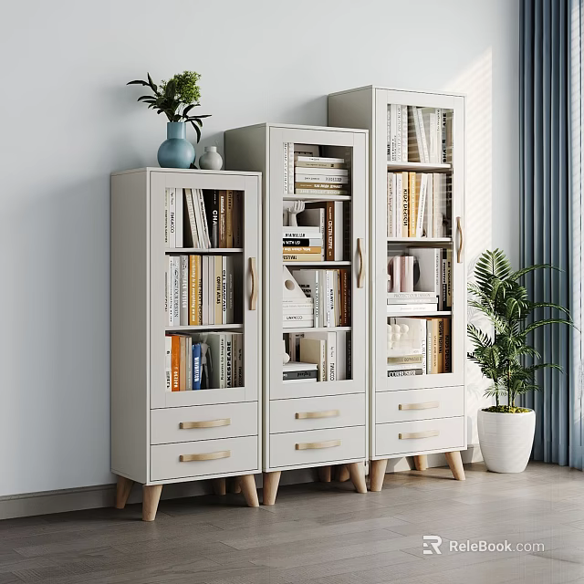 Stylish Bookcases Filled With Books And Drawers Decorated With Green Plants And Vase 3d model 