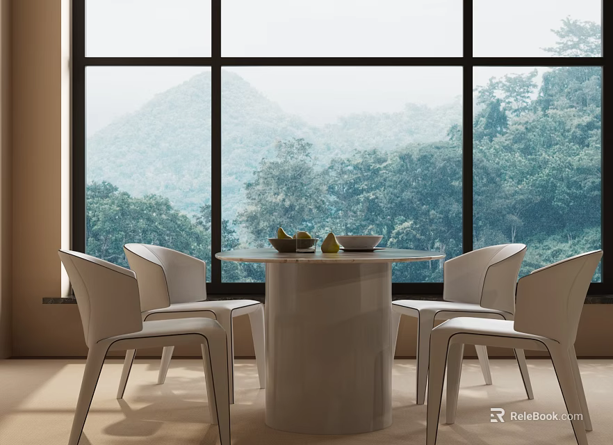 White Round Dining Table Set With Four Chairs And Mountain Forest View Through Large Windows 3d model