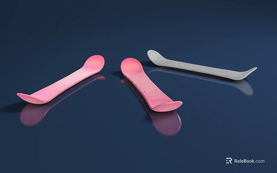 Three Pink And White Spoons Placed On Dark Reflective Surface 3d model