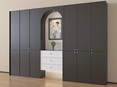 Modern Dark Gray Shoe Cabinet With Arched Design And Drawer Cabinet Plant Decoration 3d model