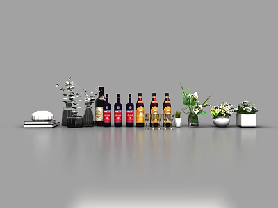 Elegant Wine Bottles and Glasses Display with Green Plants and Ceramic Vases 3d model