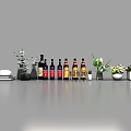 Elegant Wine Bottles and Glasses Display with Green Plants and Ceramic Vases