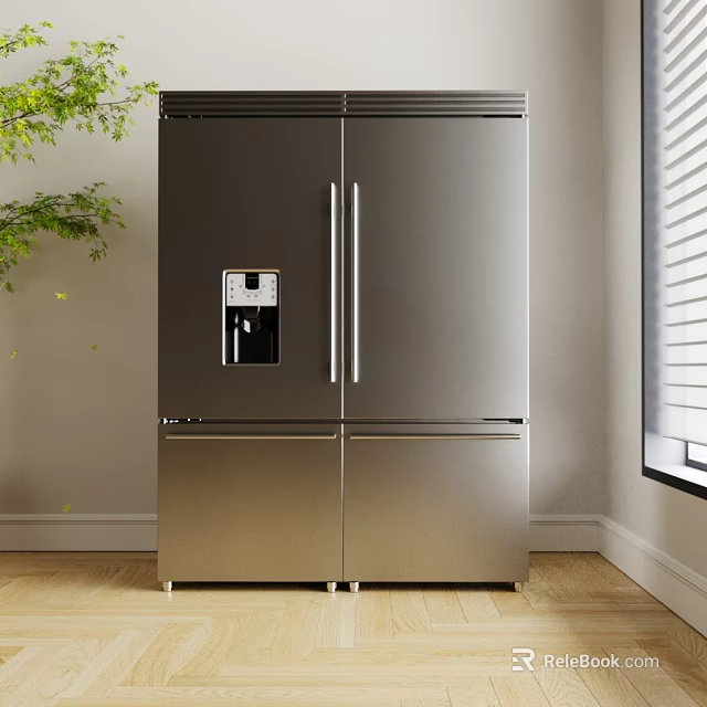 Modern Kitchen With Stainless Steel French Door Refrigerator And Water Dispenser On Wooden Floor 3d model 