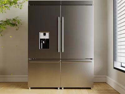 Modern Kitchen With Stainless Steel French Door Refrigerator And Water Dispenser On Wooden Floor 3d model