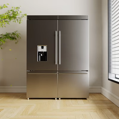 Modern Kitchen With Stainless Steel French Door Refrigerator And Water Dispenser On Wooden Floor 3d model