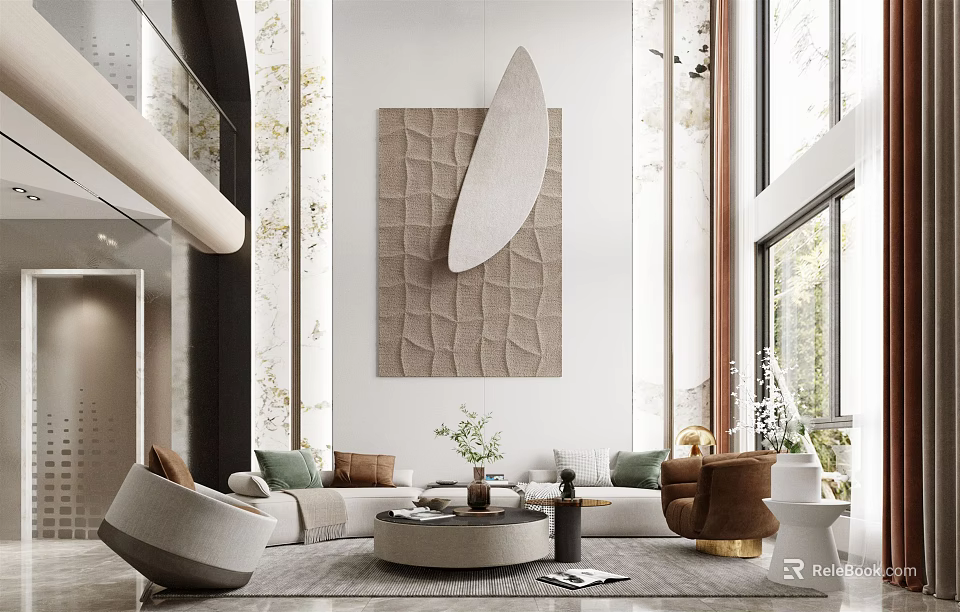 Contemporary Duplex Living Room Interior With Large Windows Comfortable Sofa And Art Decor 3d model 