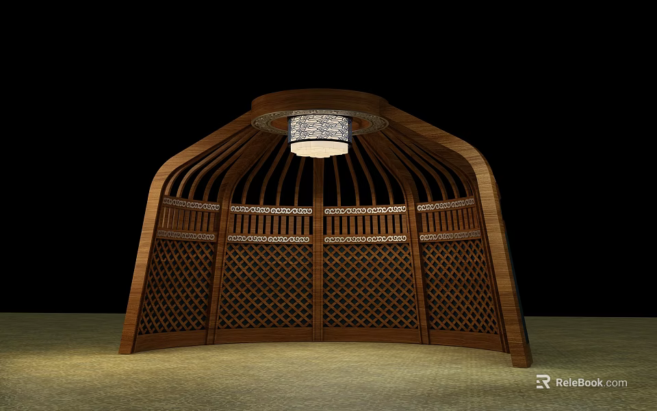 Wooden Pergola with Curved Top and Lattice Design Featuring Hanging Lamp 3d model 
