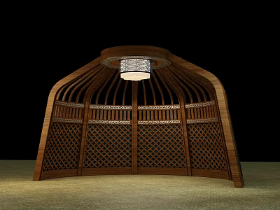 Wooden Pergola with Curved Top and Lattice Design Featuring Hanging Lamp 3d model