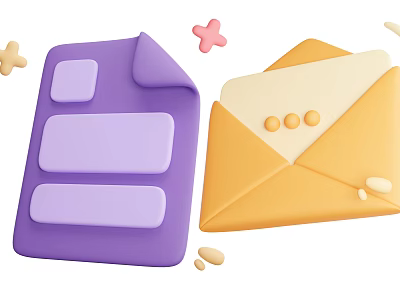 Decorative Ornament Set With Purple Folder Shaped Yellow Envelope And Small Cross Dots Beans Decorations 3d model
