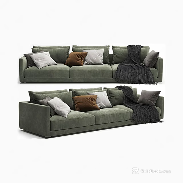 Comfortable Green Three Seater Sofa With Multiple Pillows And Throw Blanket 3d model