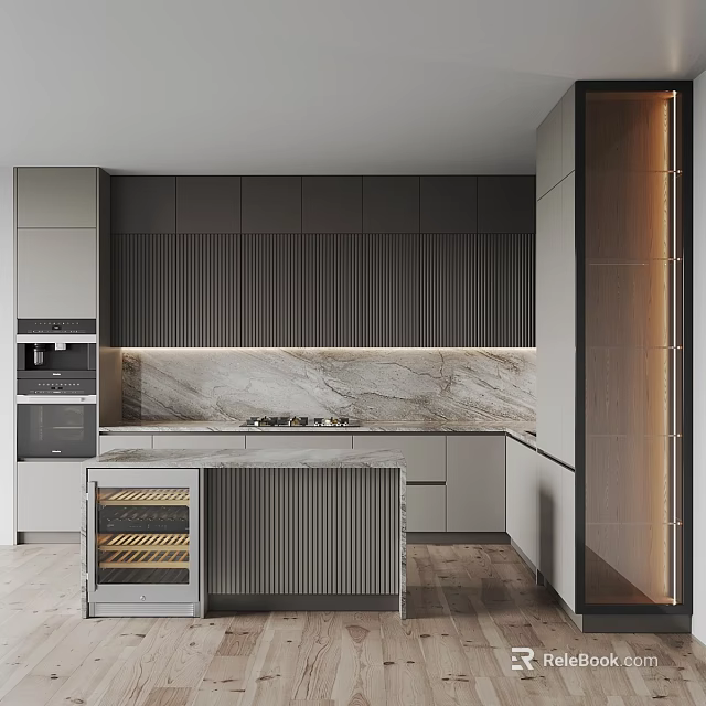 Sleek Modern Kitchen Interior With Gray Ribbed Cabinets Marble Counter And Wine Storage 3d model 
