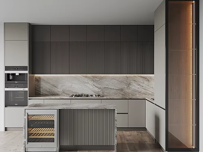 Sleek Modern Kitchen Interior With Gray Ribbed Cabinets Marble Counter And Wine Storage 3d model