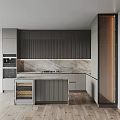 Sleek Modern Kitchen Interior With Gray Ribbed Cabinets Marble Counter And Wine Storage