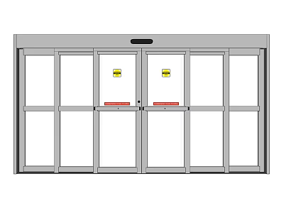 Double Glass Doors With Metal Frame Safety Signs And Red Handles Design 3d model