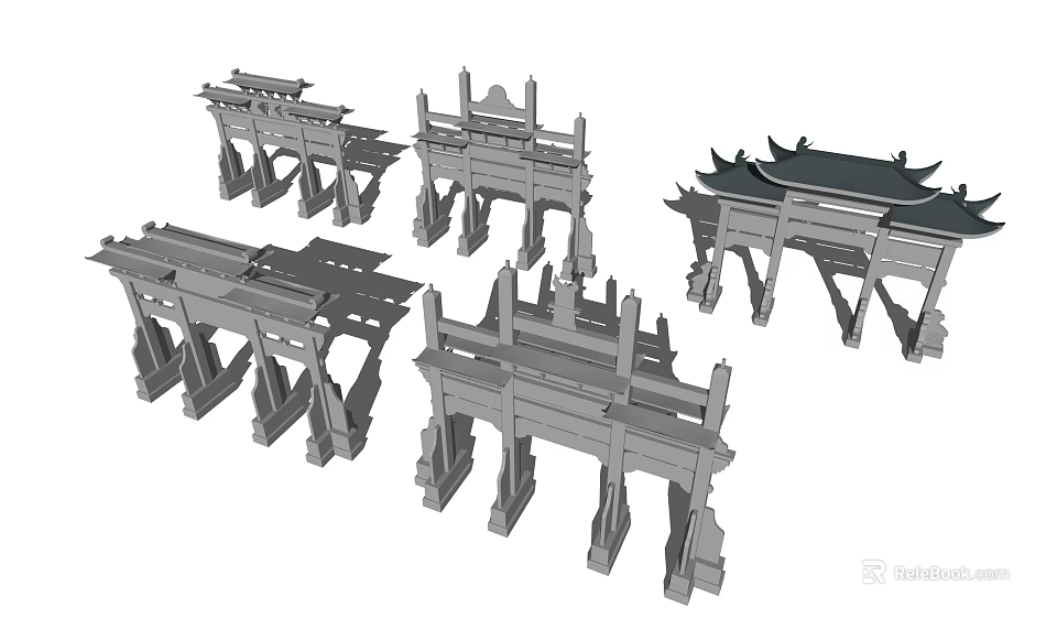 Traditional Chinese Memorial Archways Featuring Various Classic Roof Structures And Ornamental Details 3d model 