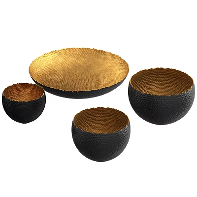 Gold And Black Hammered Texture Decorative Ornament Set With Bowl Shaped Design And Different Sizes 3d model