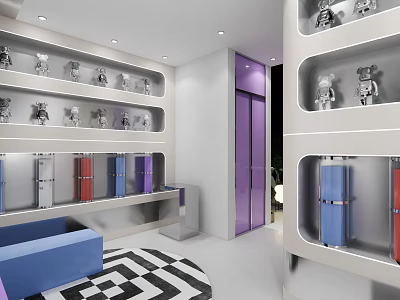 Modern Collectible Store Interior With Shelves Of Figures Colorful Cabinets Blue Sofa And Checkered Rug 3d model