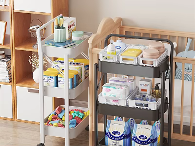 Mobile Storage Carts in Baby Room Organizing Baby Supplies and Toys with Multiple Layers 3d model