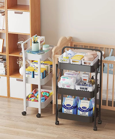 Mobile Storage Carts in Baby Room Organizing Baby Supplies and Toys with Multiple Layers 3d model