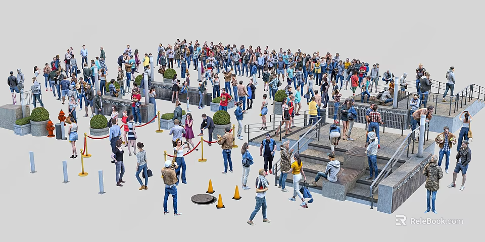 Crowd Of People Gathered At Public Area With Steps Ropes And Traffic Cones 3d model 