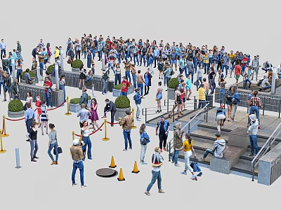 Crowd Of People Gathered At Public Area With Steps Ropes And Traffic Cones 3d model